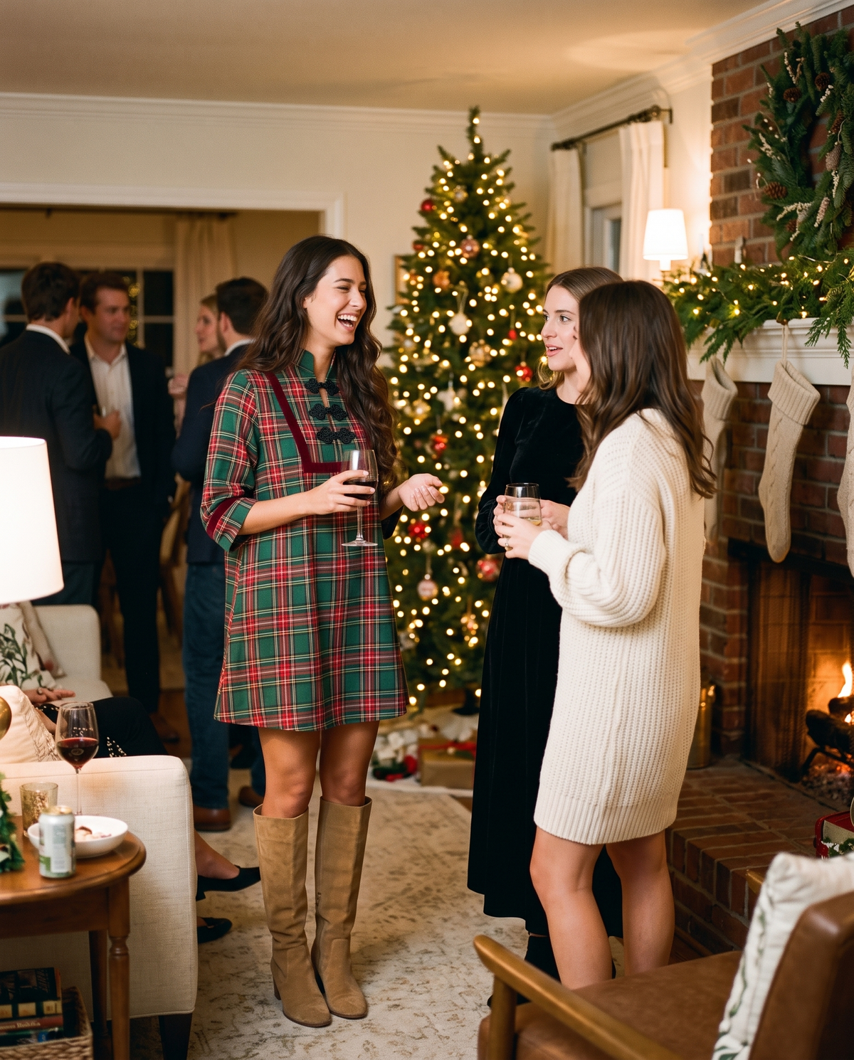 Women's Christmas Dress, Green Tartan Plaid Mini with Velvet Trim — holiday party by the fireplace