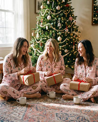 Women's Christmas Pajamas, Pink Satin Bunny Print PJ Set — friends in matching pajamas opening presents on Christmas morning