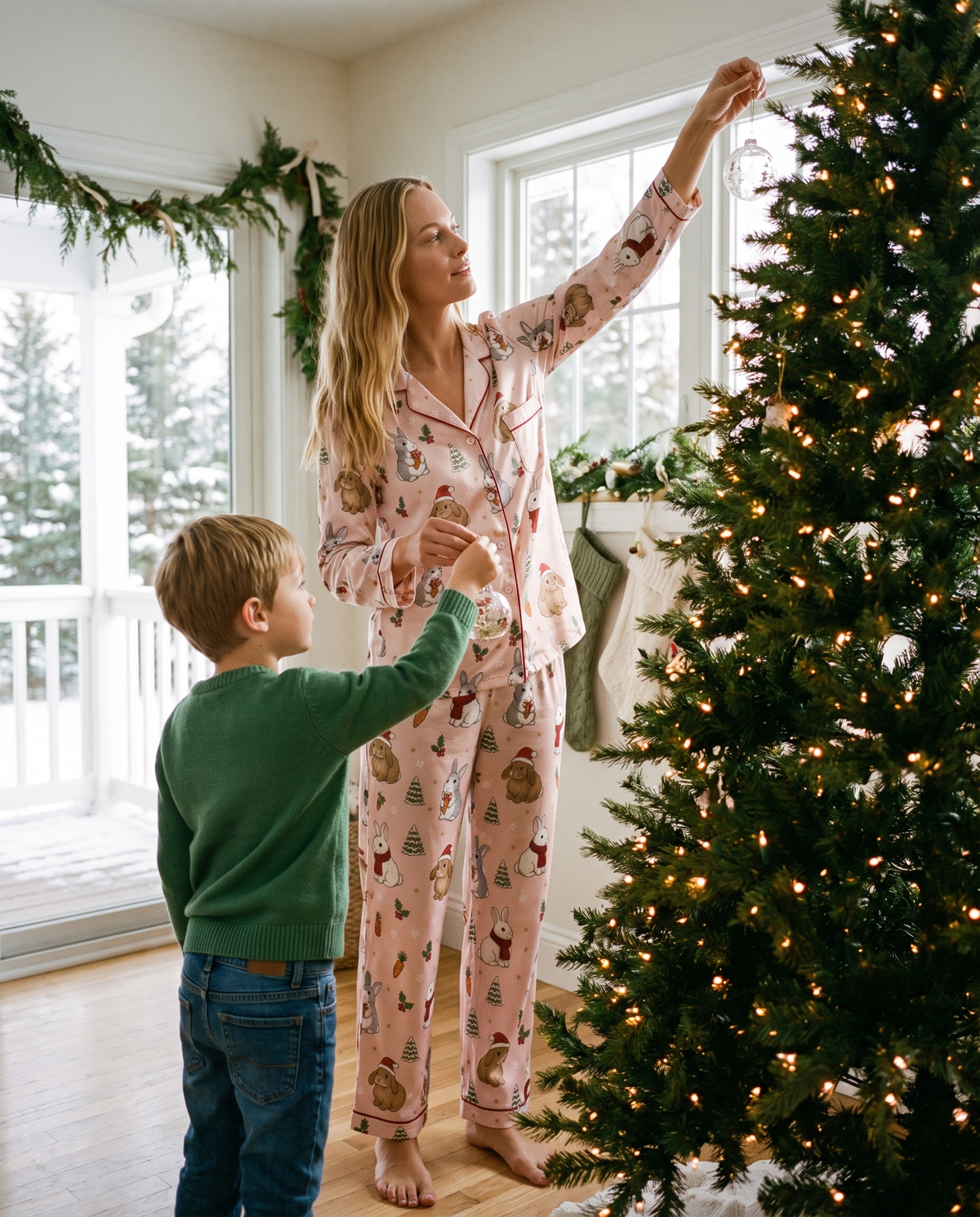 Women's Christmas Pajamas, Pink Satin Bunny Print PJ Set — decorating the Christmas tree on a snowy morning