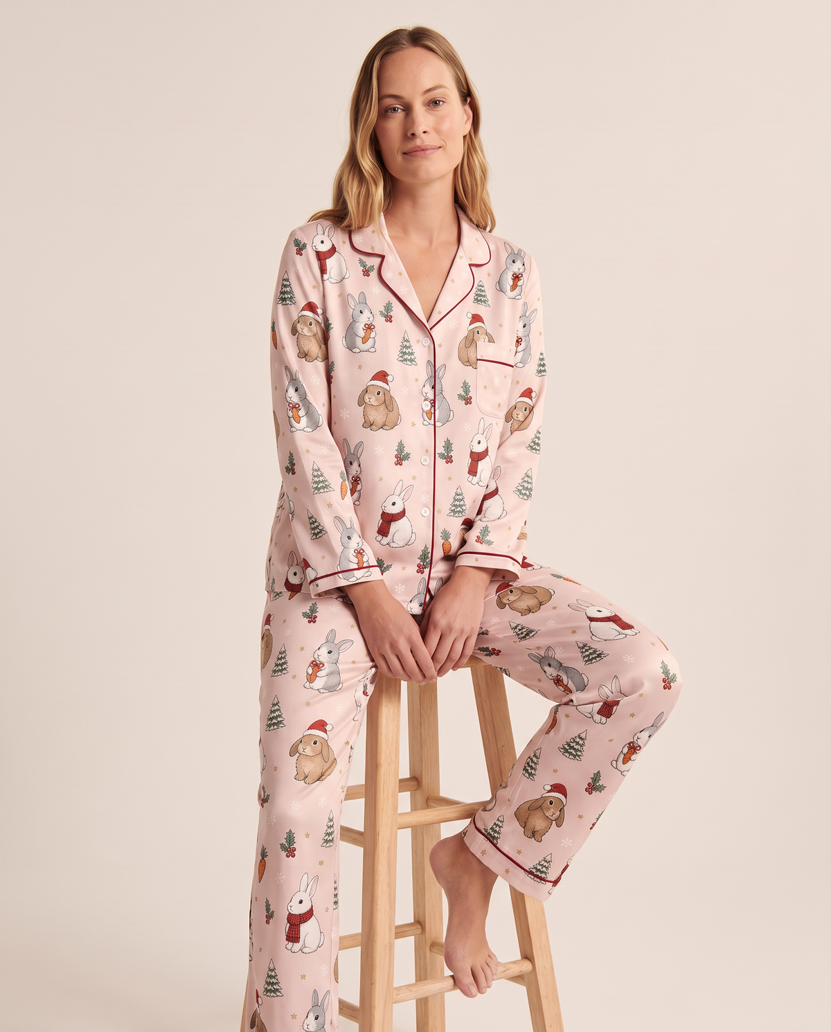 Women's Christmas Pajamas, Pink Satin Bunny Print PJ Set — worn seated