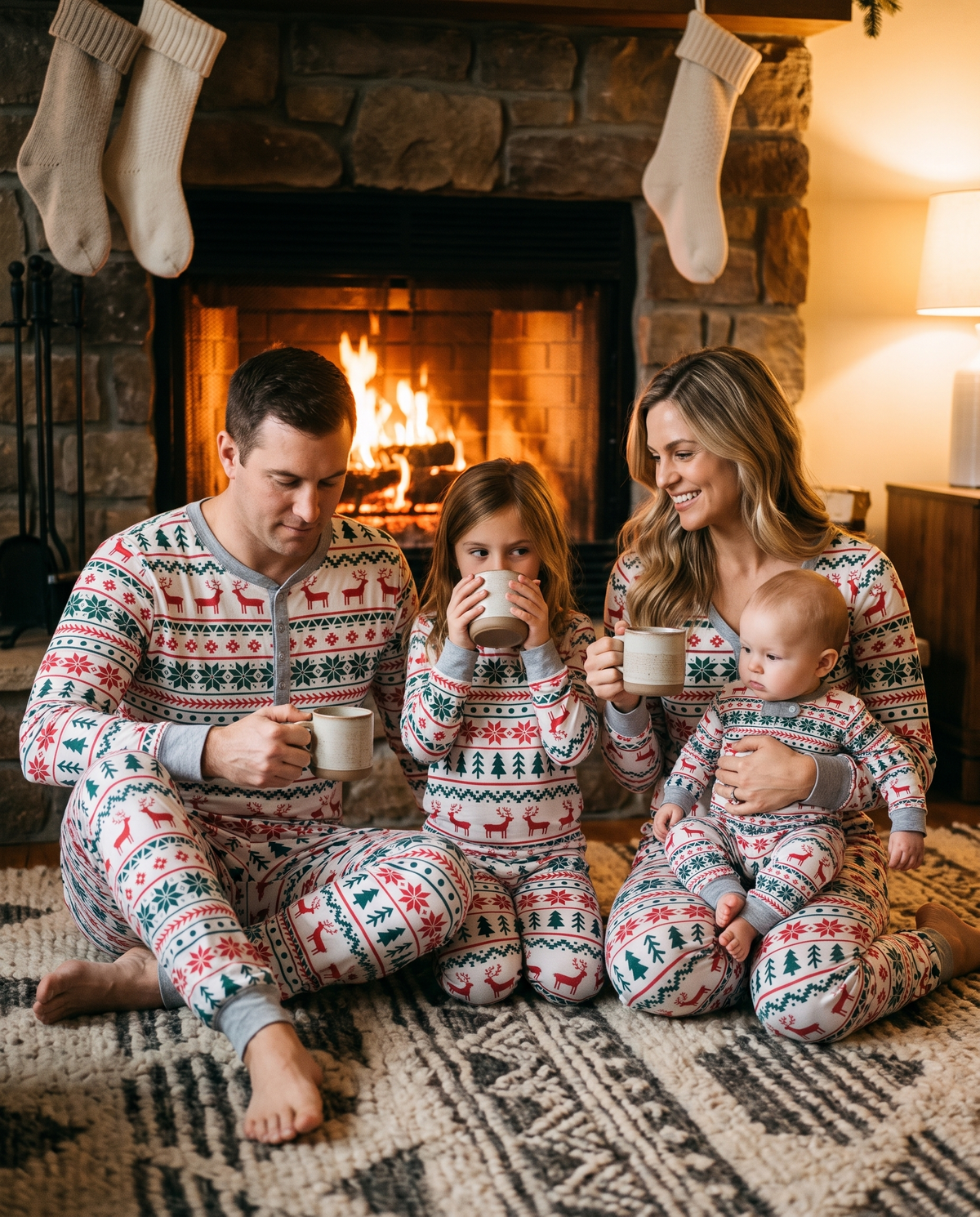 Family Christmas Pajamas, Reindeer & Tree Fair Isle — family with hot cocoa by the fireplace on Christmas Eve