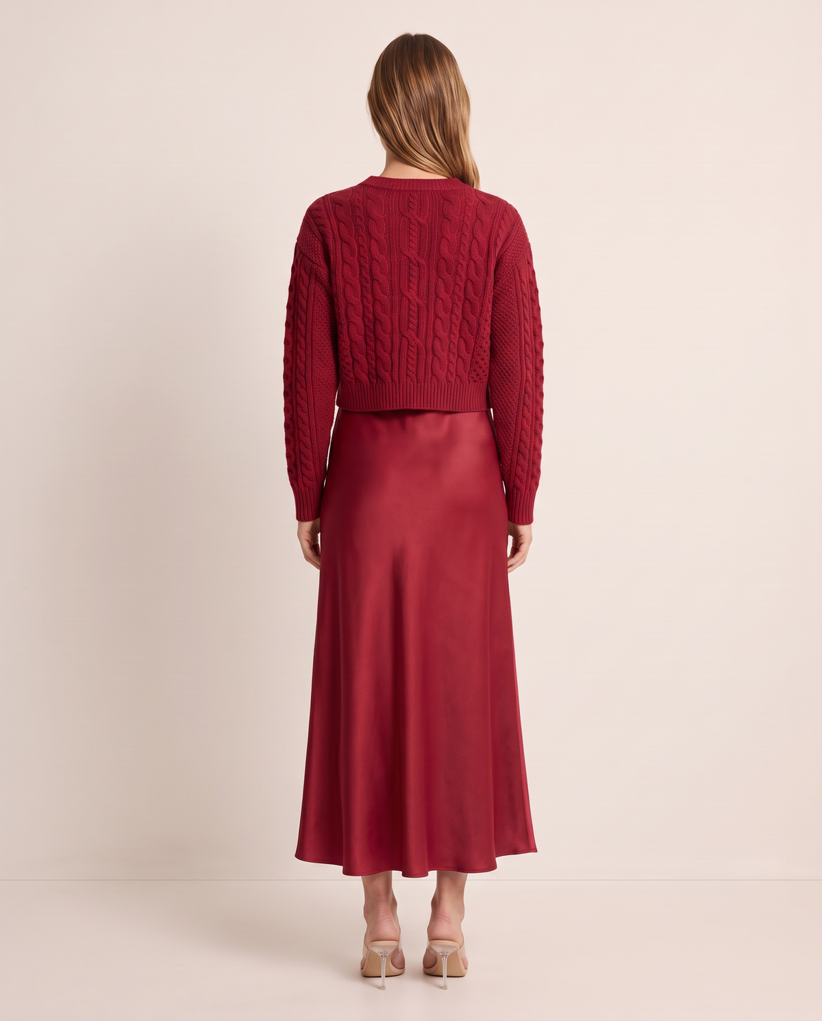 Christmas Dress Set, Red Satin Maxi & Cable Knit Sweater — studio back