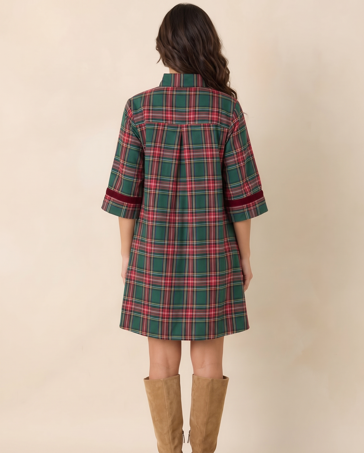 Women's Christmas Dress, Green Tartan Plaid Mini with Velvet Trim — studio back with center pleat