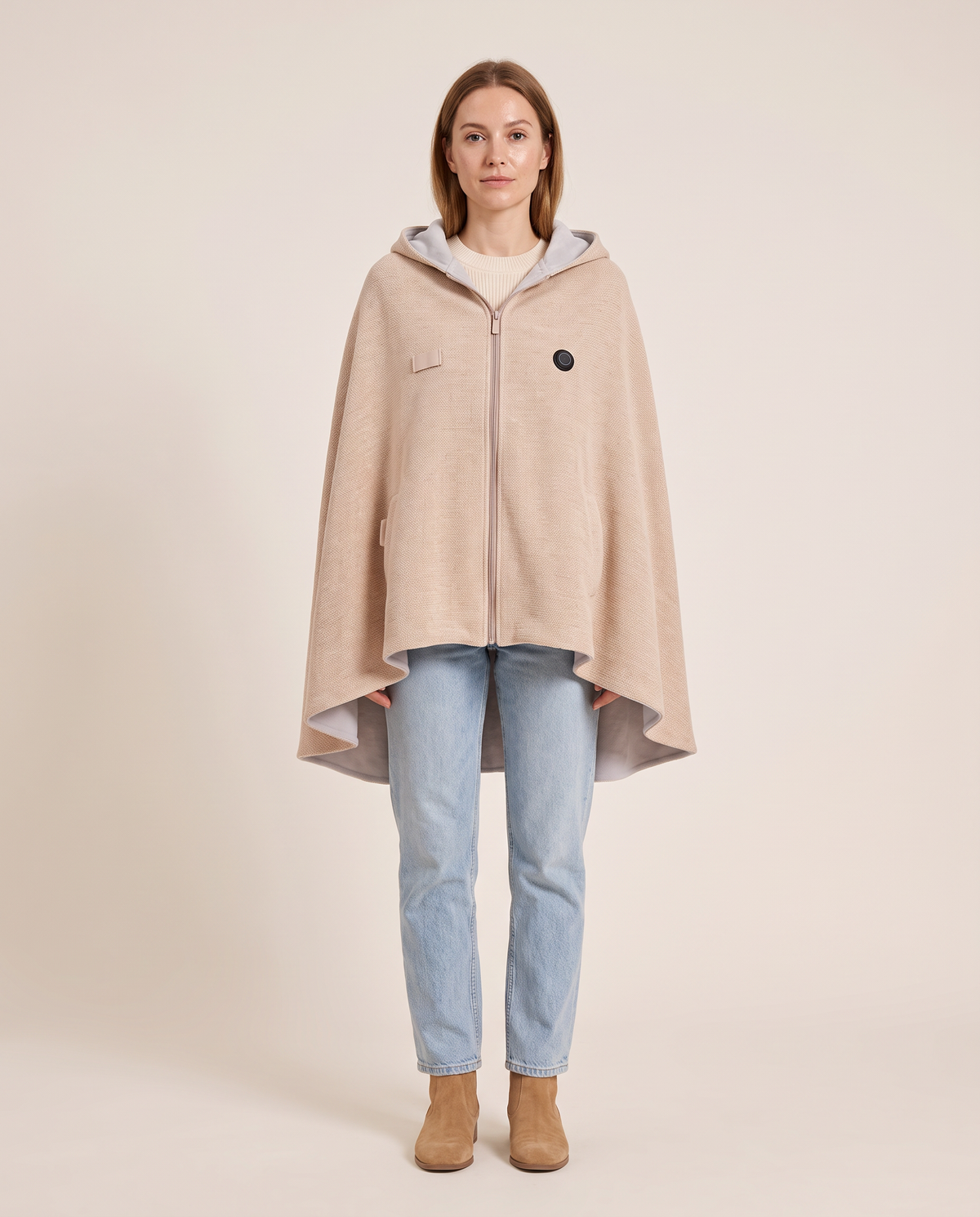 Women's Heated Shawl with Hood in Beige — studio front