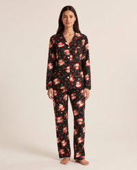 Women's Christmas Pajamas, Santa Print Button-Up PJ Set — black, studio front
