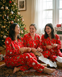 Women's Christmas Pajamas, Santa Print Button-Up PJ Set — friends in matching red pajamas opening presents on Christmas morning