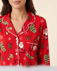 Women's Christmas Pajamas, Santa Print Button-Up PJ Set — Santa, tree and reindeer print, notch collar and white piping close-up