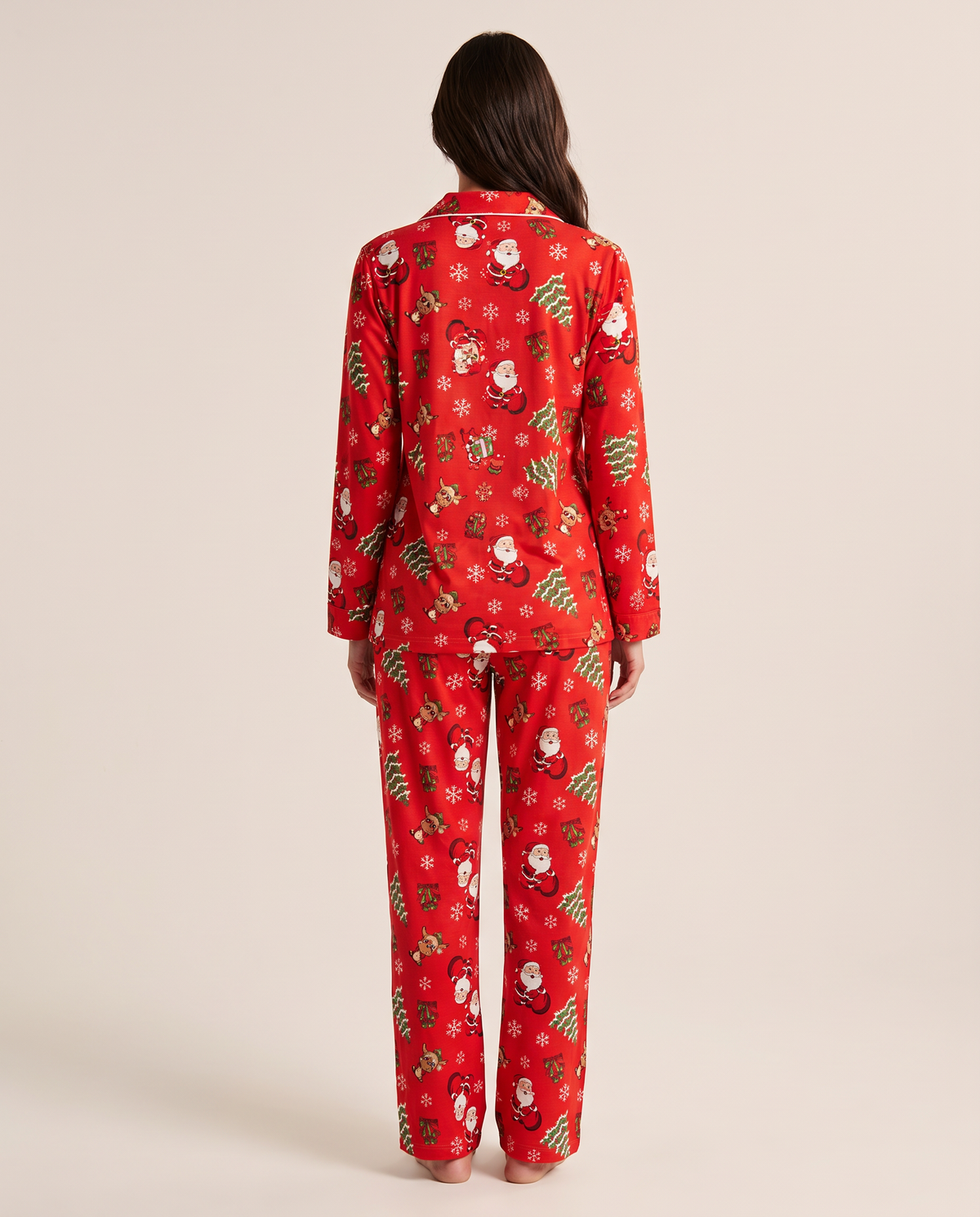 Women's Christmas Pajamas, Santa Print Button-Up PJ Set — red, back view