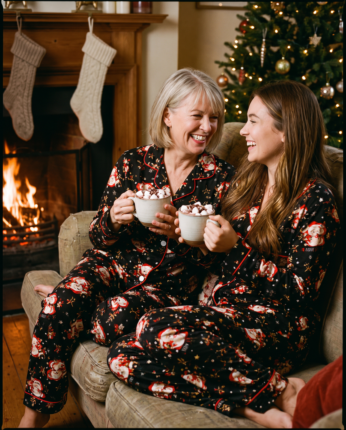 Women's Christmas Pajamas, Santa Print Button-Up PJ Set — mother and daughter in matching black pajamas with hot cocoa by the fireplace