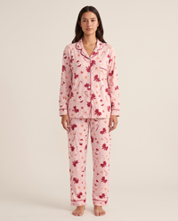 Women's Christmas Pajamas, Santa Print Button-Up PJ Set — pink, studio front