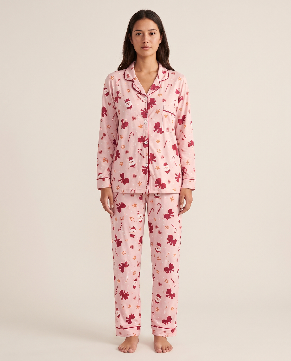 Women's Christmas Pajamas, Santa Print Button-Up PJ Set — pink, studio front