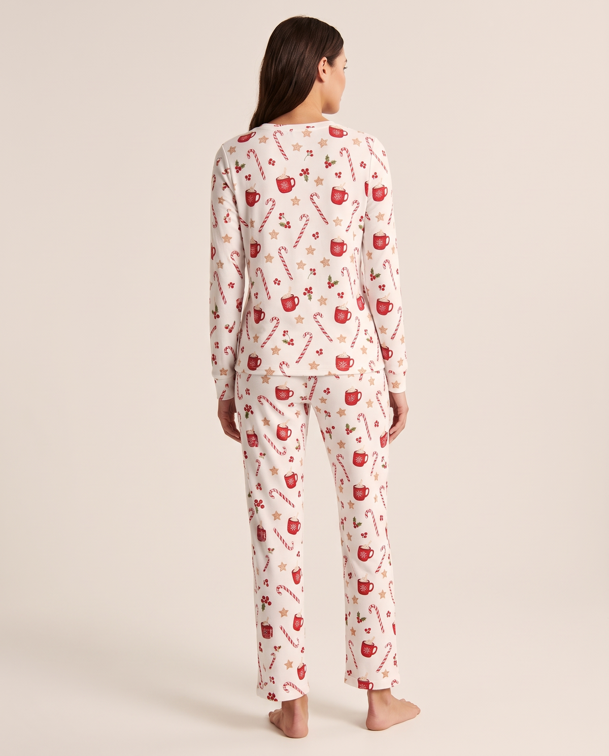 Women's Christmas Pajamas, Candy Cane Print Knit PJ Set — studio back