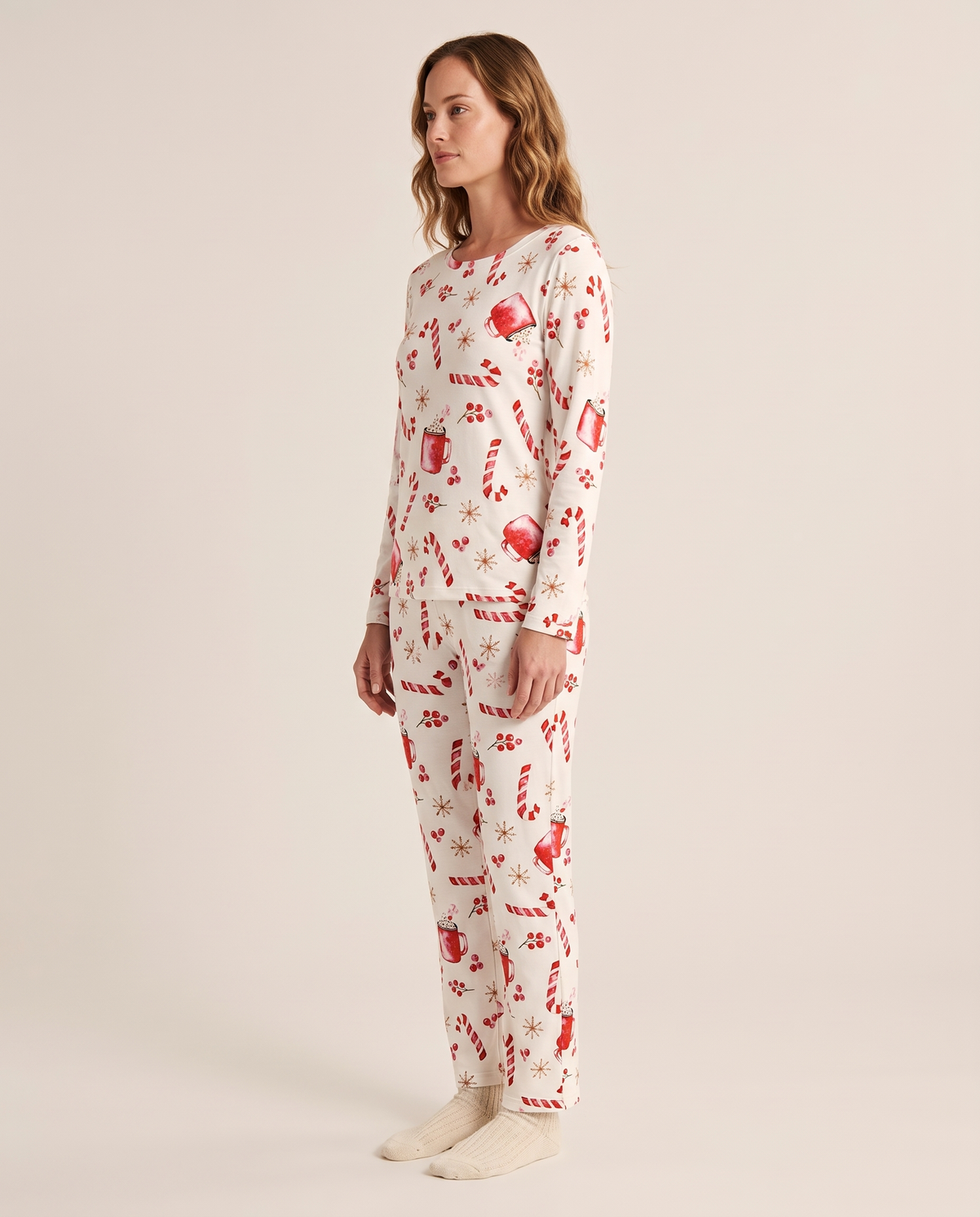Women's Christmas Pajamas, Candy Cane Print Knit PJ Set — three-quarter view