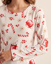 Women's Christmas Pajamas, Candy Cane Print Knit PJ Set — candy cane, cocoa mug and holly berry print close-up