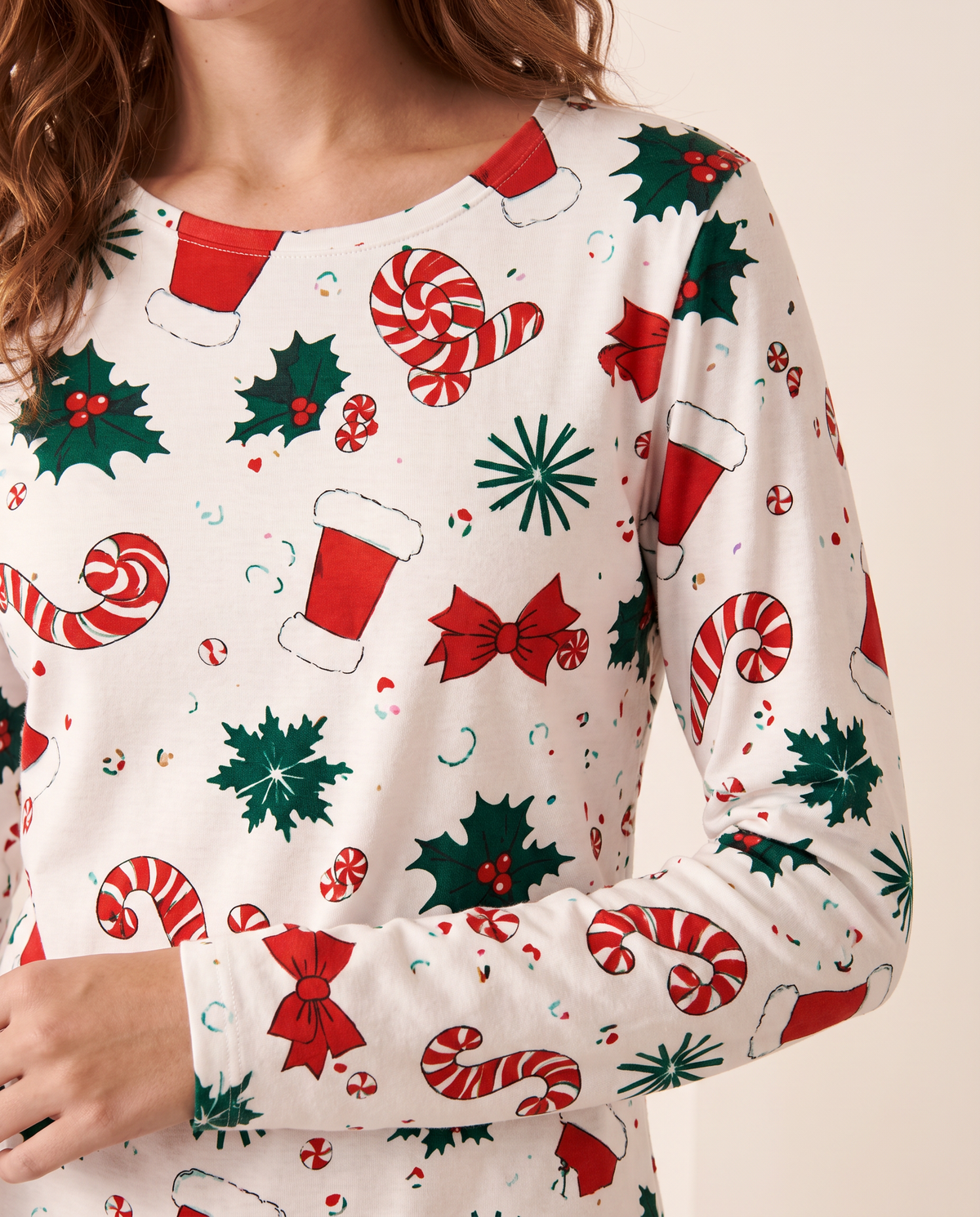 Women's Christmas Pajamas, Candy Cane Print Knit PJ Set — Peppermint print close-up