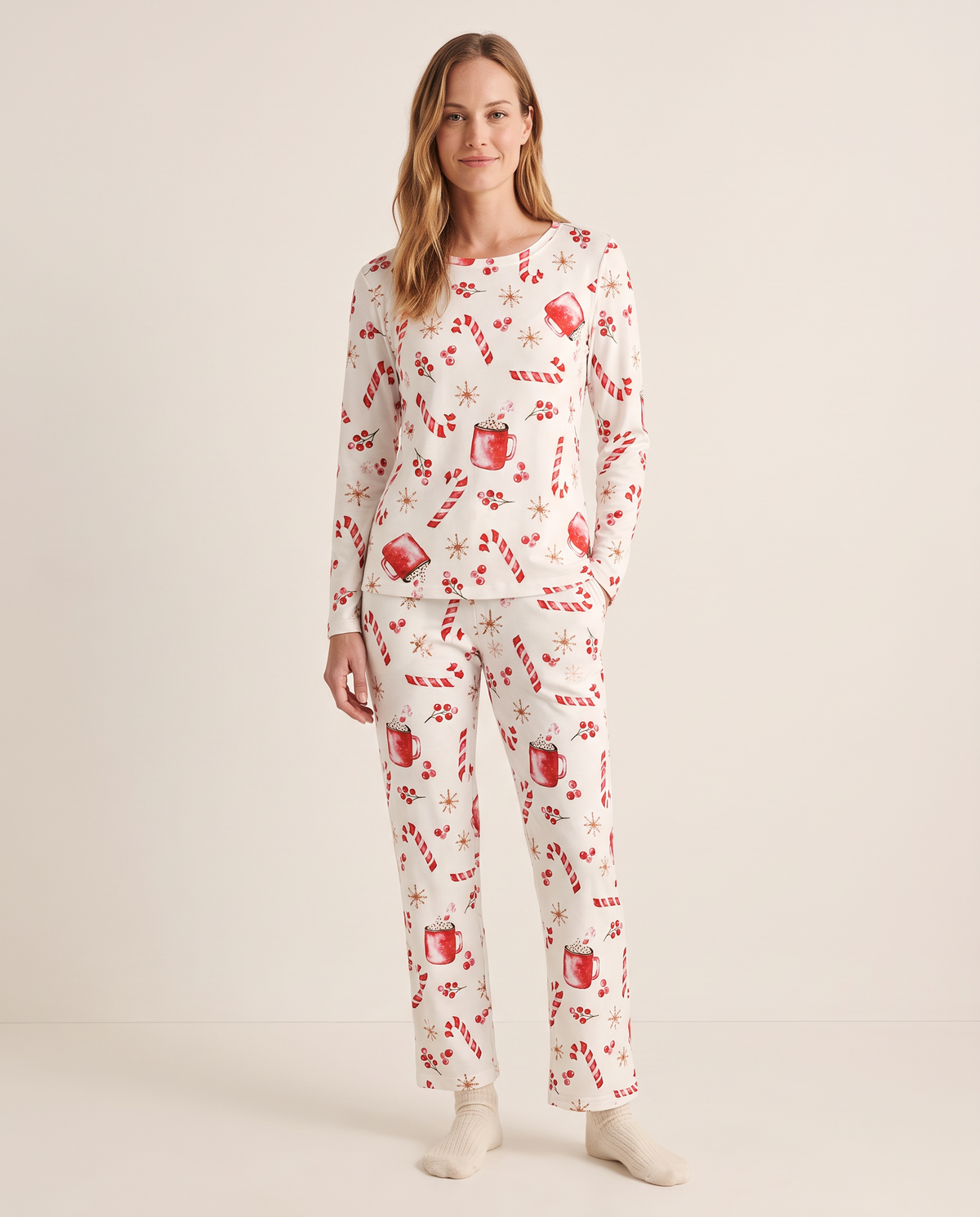 Women's Christmas Pajamas, Candy Cane Print Knit PJ Set — Candy Cane print, studio front
