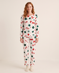 Women's Christmas Pajamas, Candy Cane Print Knit PJ Set — Peppermint print, studio front