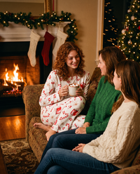 Women's Christmas Pajamas, Candy Cane Print Knit PJ Set — hot cocoa by the fireplace with family on Christmas Eve