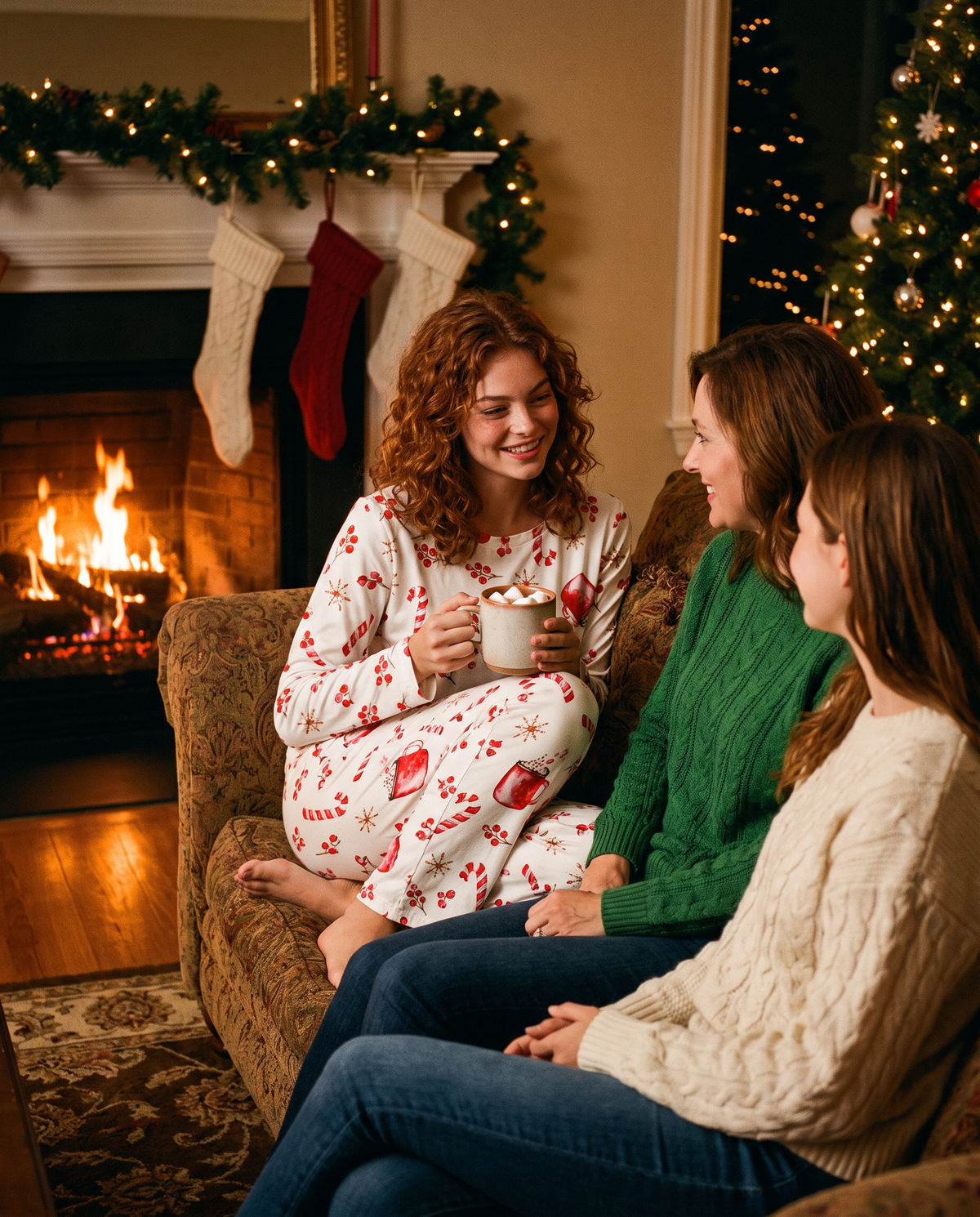 Women's Christmas Pajamas, Candy Cane Print Knit PJ Set — hot cocoa by the fireplace with family on Christmas Eve