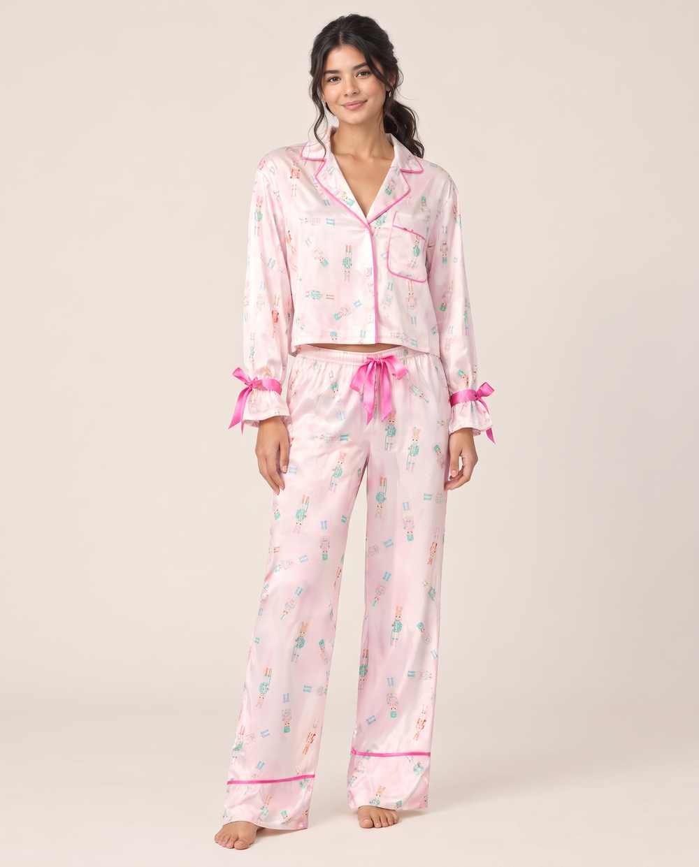 Women's Christmas Pajamas, Satin Bow-Cuff PJ Set — Pink Nutcracker, studio front