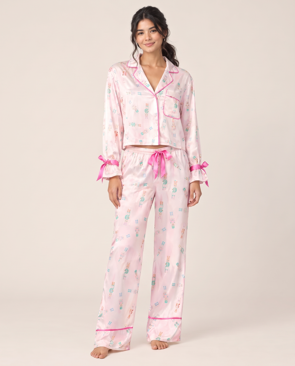 Women's Christmas Pajamas, Satin Bow-Cuff PJ Set — Pink Nutcracker, studio front