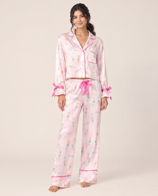 Women's Christmas Pajamas, Satin Bow-Cuff PJ Set — Pink Nutcracker, studio front
