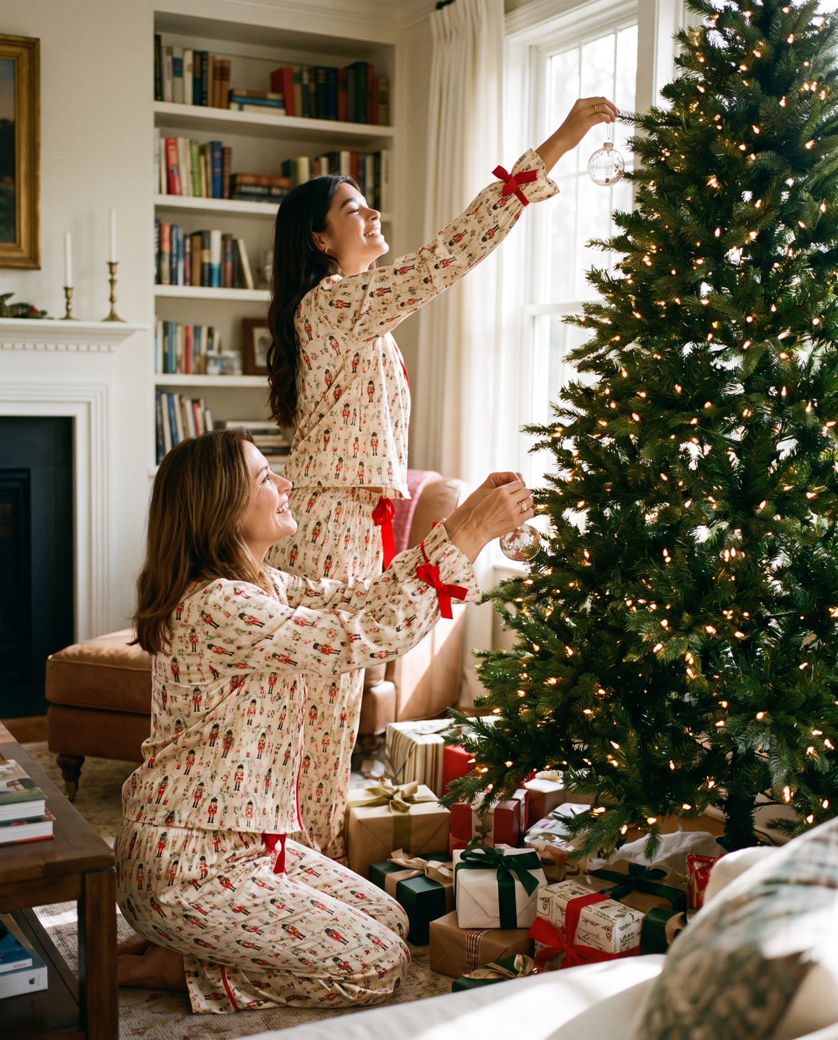 Women's Christmas Pajamas, Satin Bow-Cuff PJ Set — mother and daughter in matching Cream Nutcracker pajamas decorating the tree