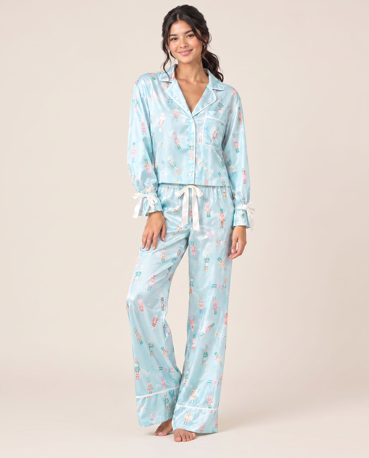 Women's Christmas Pajamas, Satin Bow-Cuff PJ Set — Blue Nutcracker, studio front