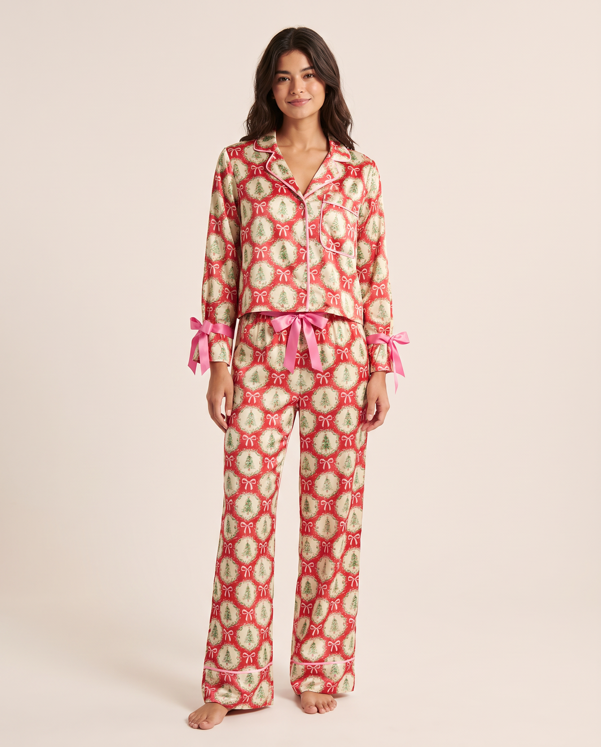 Women's Christmas Pajamas, Satin Bow-Cuff PJ Set — Red Tree, studio front
