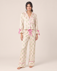 Women's Christmas Pajamas, Satin Bow-Cuff PJ Set — Cream Tree, studio front