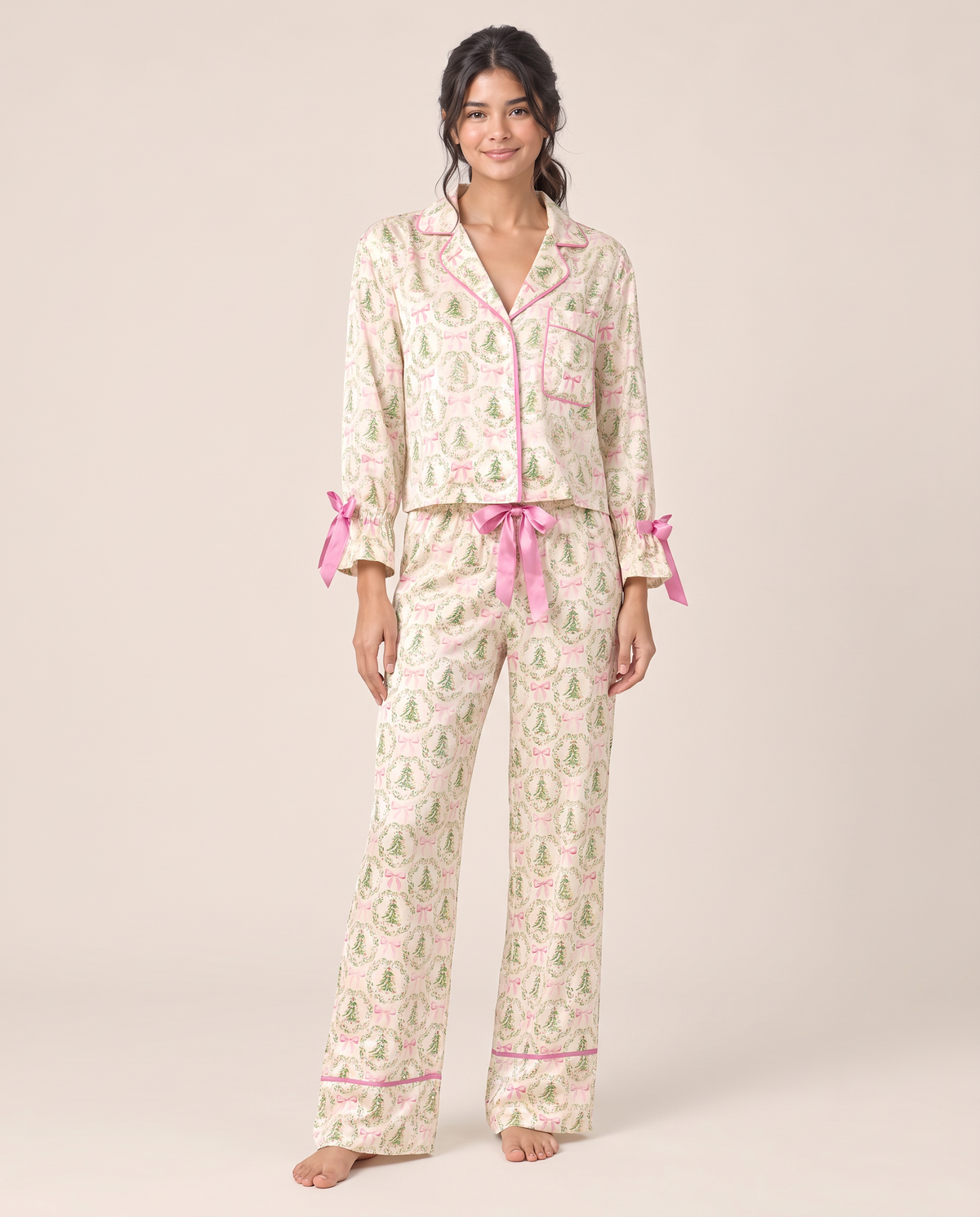 Women's Christmas Pajamas, Satin Bow-Cuff PJ Set — Cream Tree, studio front