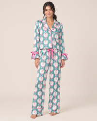 Women's Christmas Pajamas, Satin Bow-Cuff PJ Set — Teal Santa, studio front