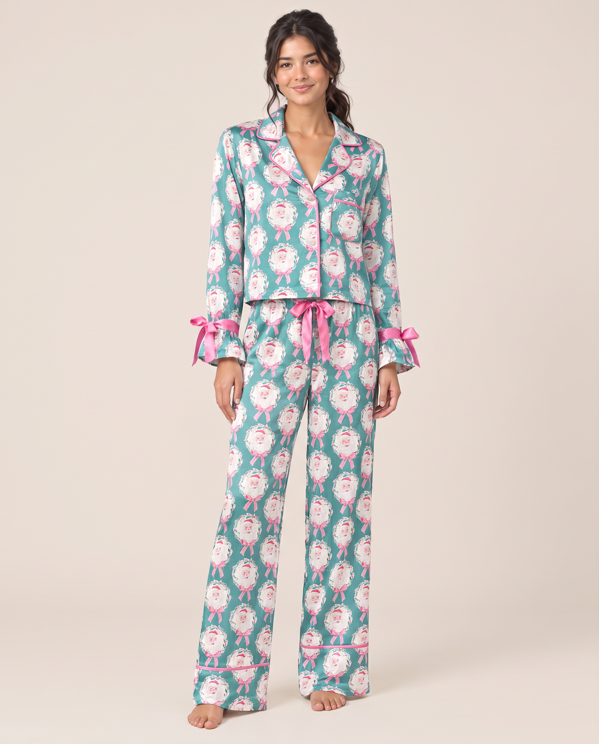 Women's Christmas Pajamas, Satin Bow-Cuff PJ Set — Teal Santa, studio front