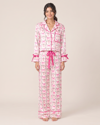 Women's Christmas Pajamas, Satin Bow-Cuff PJ Set — Pink Santa, studio front