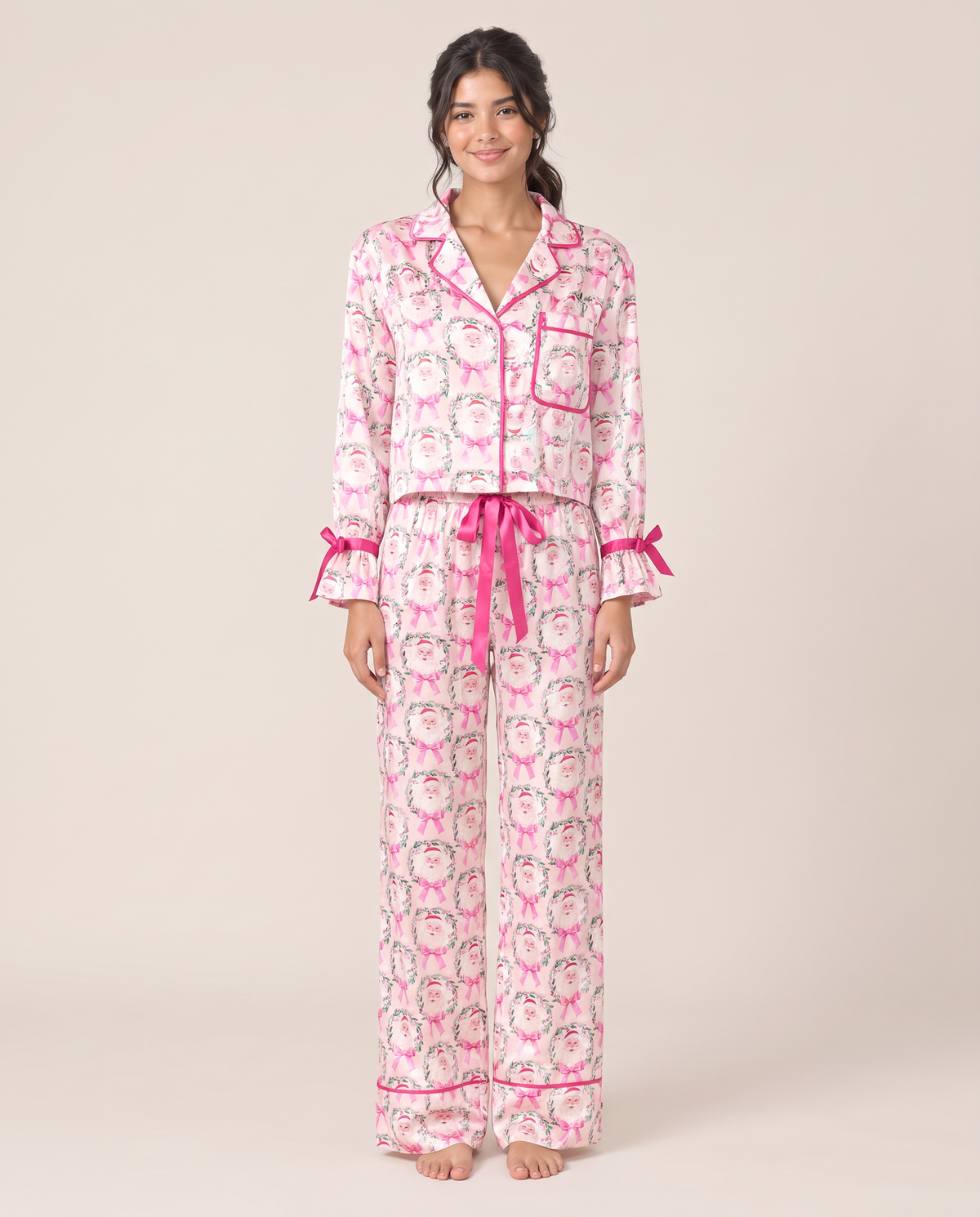 Women's Christmas Pajamas, Satin Bow-Cuff PJ Set — Pink Santa, studio front