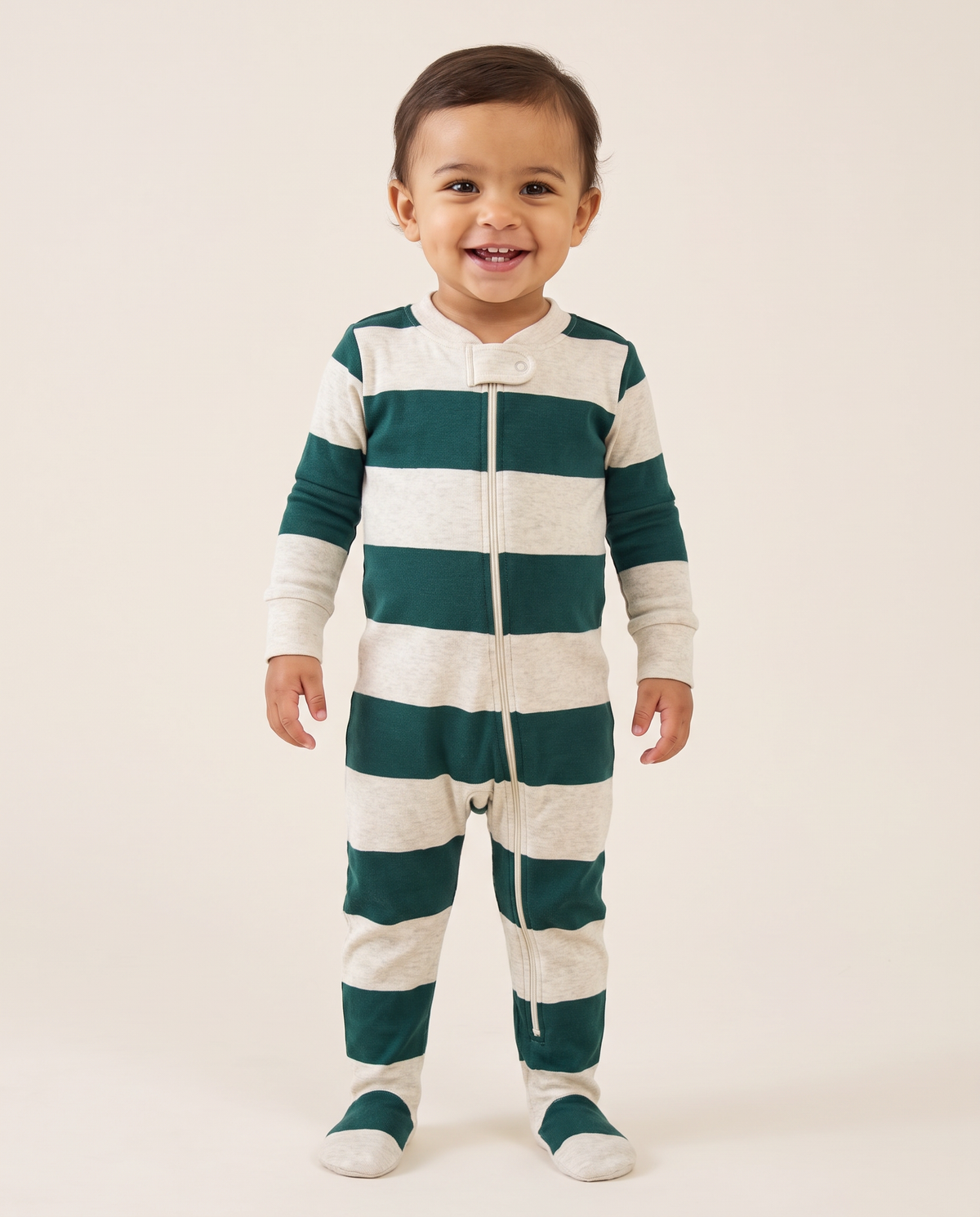 Family Christmas Pajamas, Green & Cream Stripe — baby footed zip sleeper, studio