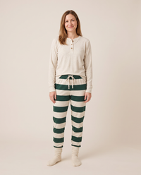 Family Christmas Pajamas, Green & Cream Stripe — women's adult set, studio front