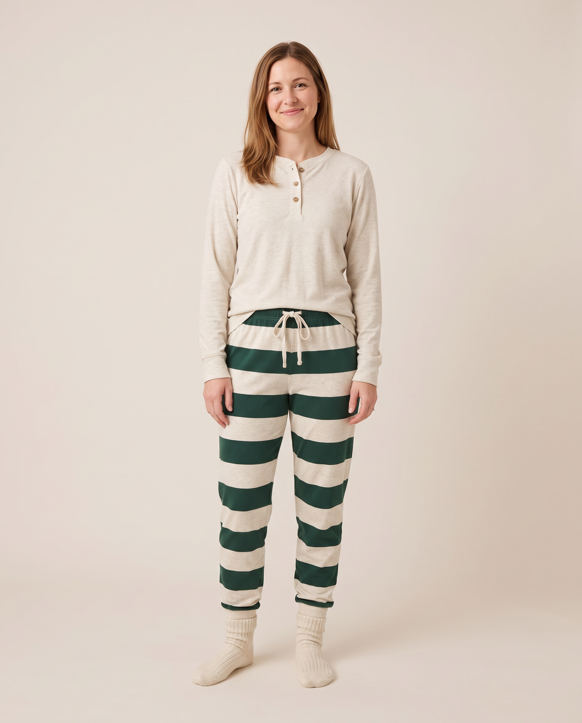 Family Christmas Pajamas, Green & Cream Stripe — women's adult set, studio front