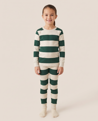 Family Christmas Pajamas, Green & Cream Stripe — kids' snug-fit two-piece set, studio front