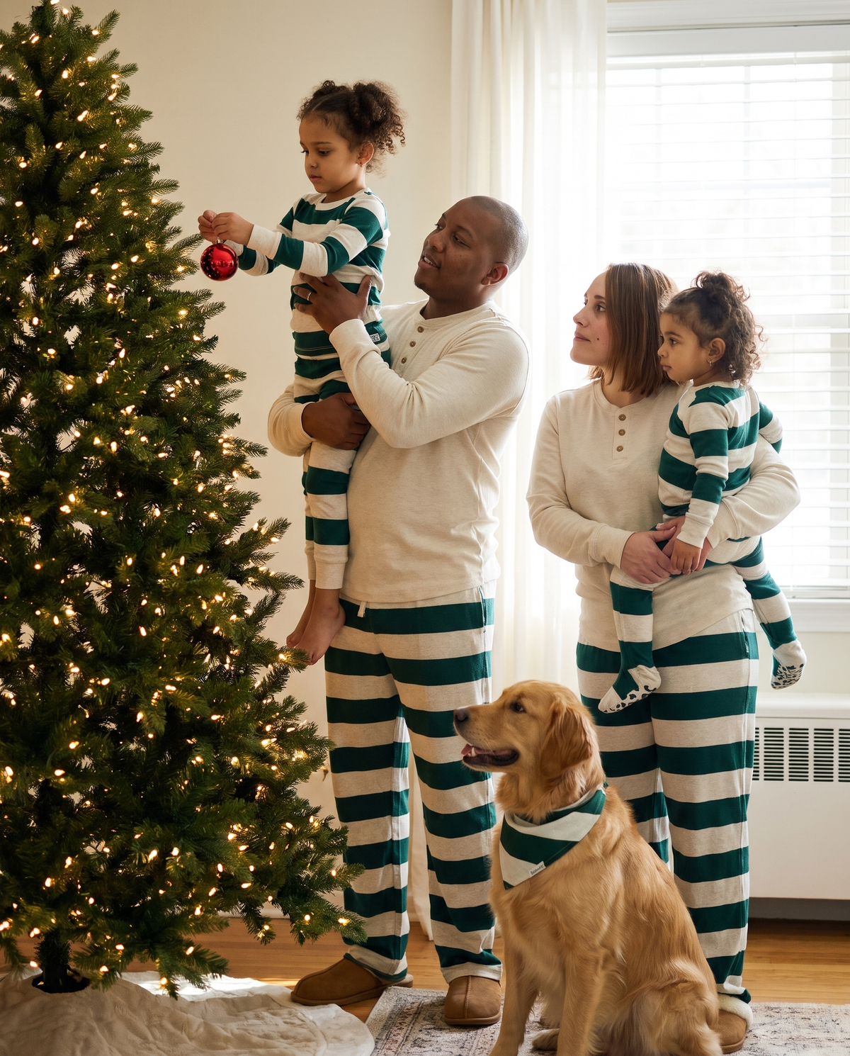 Family Christmas Pajamas, Green & Cream Stripe — family and dog decorating the Christmas tree