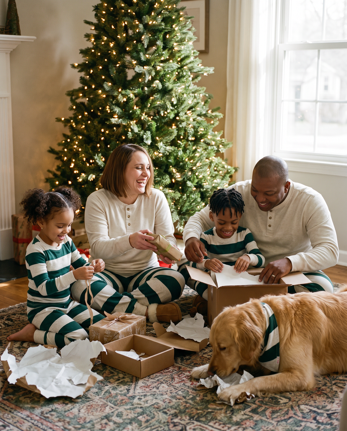 Family Christmas Pajamas, Green & Cream Stripe — family and dog opening presents on Christmas morning