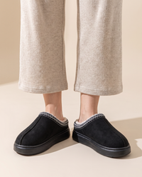 Women's Faux Suede Platform Slippers — black, studio front