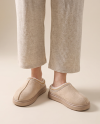 Women's Faux Suede Platform Slippers — khaki, studio front