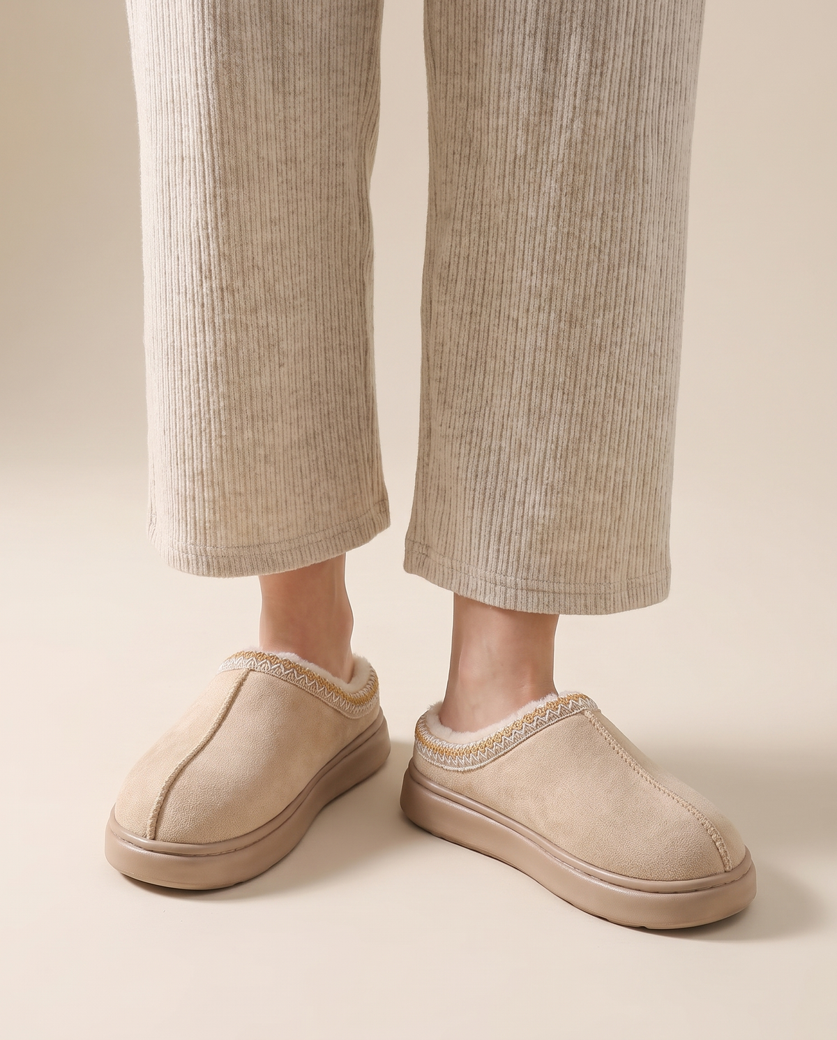 Women's Faux Suede Platform Slippers — khaki, studio front