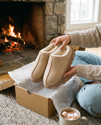 Women's Faux Suede Platform Slippers in khaki unwrapped as a gift by the fireplace