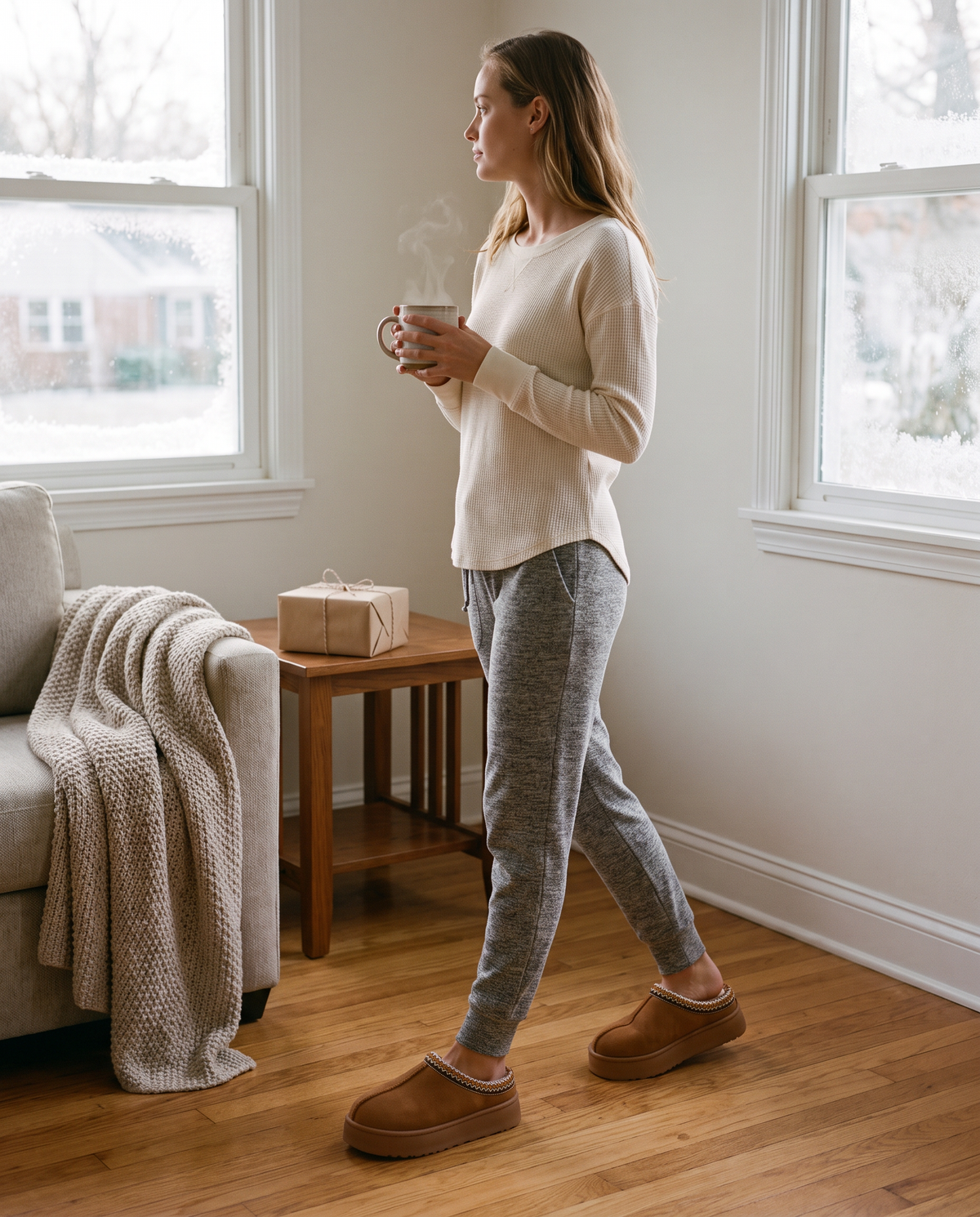 Women's Faux Suede Platform Slippers in chocolate worn on a cozy holiday morning at home with coffee