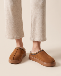 Women's Faux Suede Platform Slippers — chocolate, studio front
