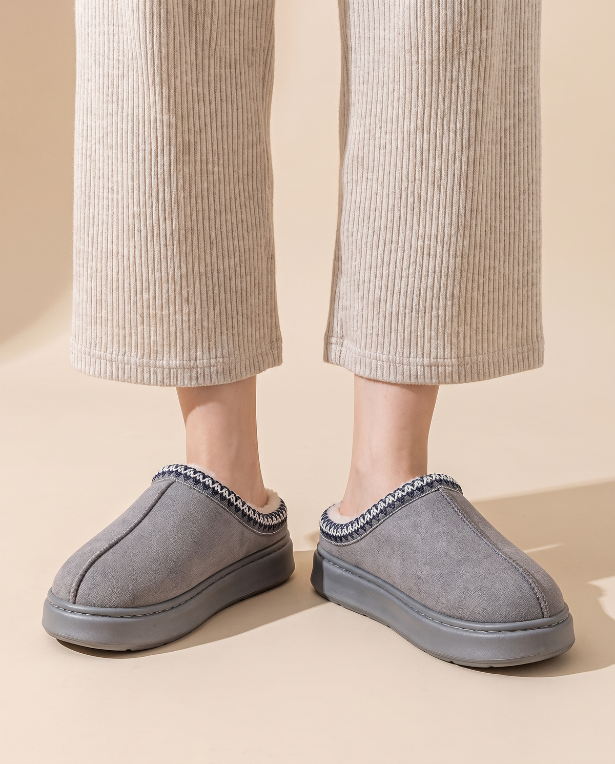 Women's Faux Suede Platform Slippers — gray, studio front