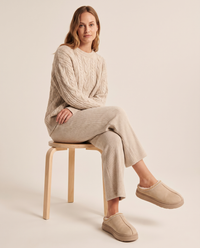 Women's Faux Suede Platform Slippers — khaki, seated studio look with cable-knit lounge outfit