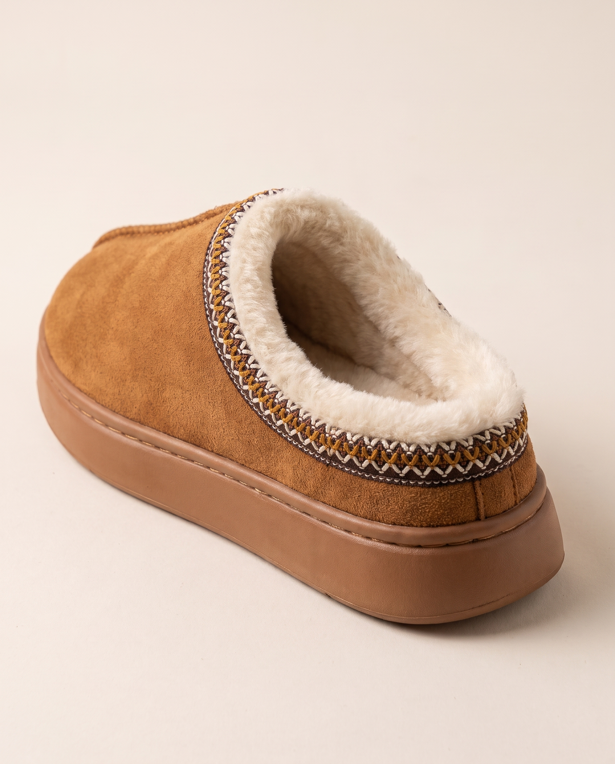 Women's Faux Suede Platform Slippers — detail of fleece lining, embroidered collar and platform sole